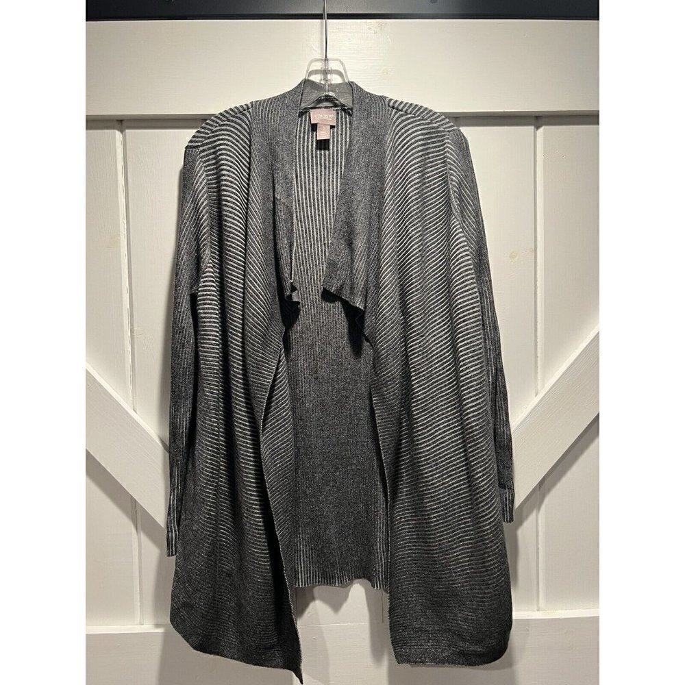 Chicos Cardigan Sweater Open Gray Stripe Asymetrical Womens Size 1 Medium